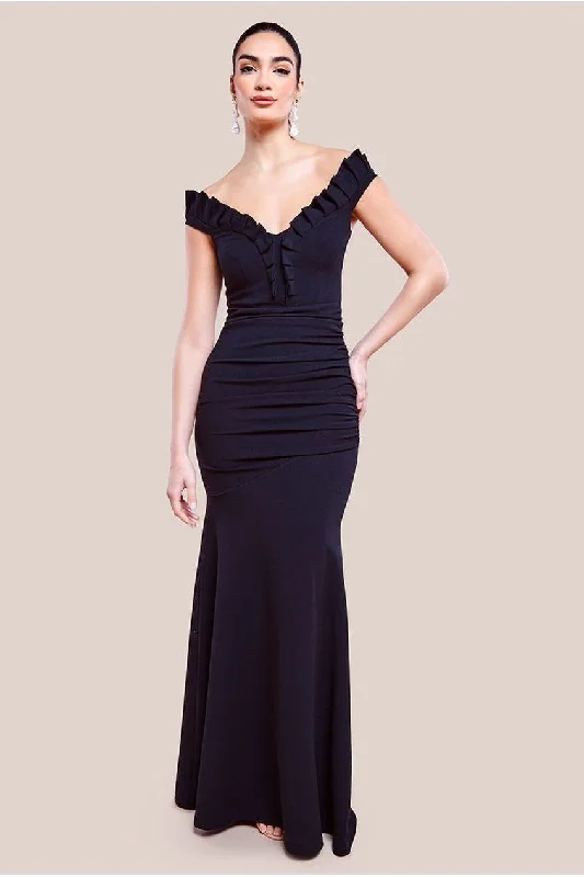 Dress for bridesmaid daytime events themes -Goddiva Off The Shoulder Frill Gathered Maxi Dress - Black Dress for bridesmaid daytime events themes -Goddiva Off The Shoulder Frill Gathered Maxi Dress - Black