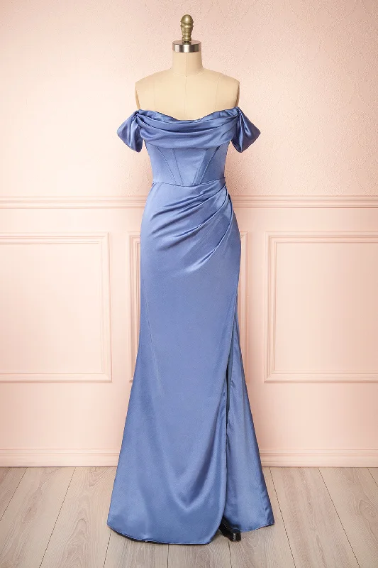 Bridesmaid dress that makes standout looks -Evolet Blue Grey | Off-Shoulder Corset Maxi Dress