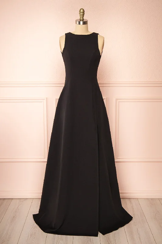 Bridesmaid dress that flatters all figures -Elenova Black | High Neck Gown w/ Train