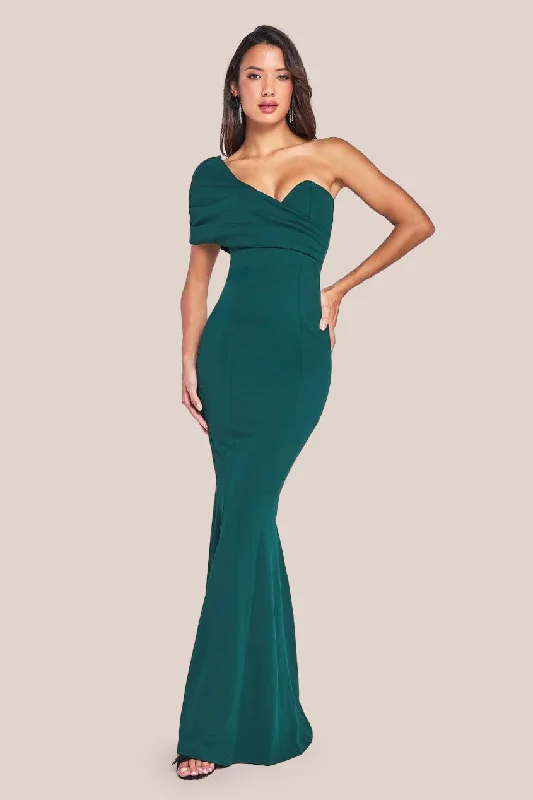 Bridesmaid dress boat wedding theme wear -Goddiva One Shoulder Fan Maxi Dress - Emerald Green Bridesmaid dress boat wedding theme wear -Goddiva One Shoulder Fan Maxi Dress - Emerald Green