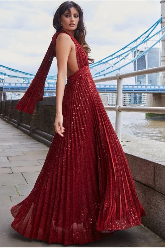 Bridesmaid dress that's truly unforgettable -Goddiva Plunge Halterneck Sequin Lurex Maxi - Wine Bridesmaid dress that's truly unforgettable -Goddiva Plunge Halterneck Sequin Lurex Maxi - Wine