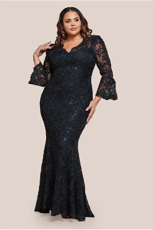 designer bridesmaid dresses for upscale events-Scalloped Lace Maxi Dress - Black by Goddiva Plus designer bridesmaid dresses for upscale events-Scalloped Lace Maxi Dress - Black by Goddiva Plus