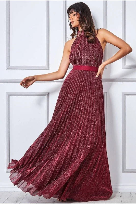 Bridesmaid dress eco-friendly online now -Lurex Halterneck Pleated Maxi Dress - Wine by Goddiva Bridesmaid dress eco-friendly online now -Lurex Halterneck Pleated Maxi Dress - Wine by Goddiva