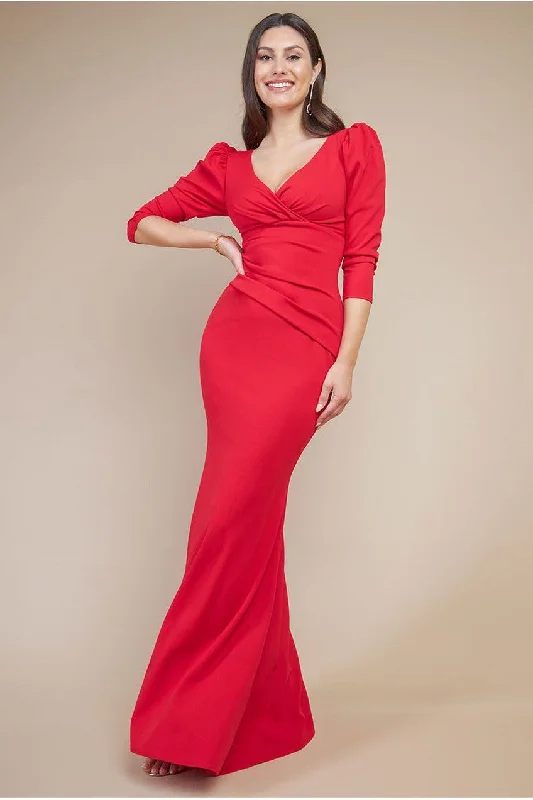 Bridesmaid dress: shoe pairing guide online -Goddiva Front Wrap Pleated Scuba Maxi Dress - Red Bridesmaid dress: shoe pairing guide online -Goddiva Front Wrap Pleated Scuba Maxi Dress - Red