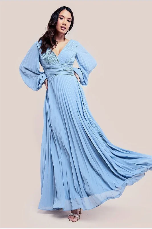 Bridesmaid dress that is easy to dance in -Goddiva Balloon Sleeve Chiffon Maxi Dress - Dusky Blue Bridesmaid dress that is easy to dance in -Goddiva Balloon Sleeve Chiffon Maxi Dress - Dusky Blue
