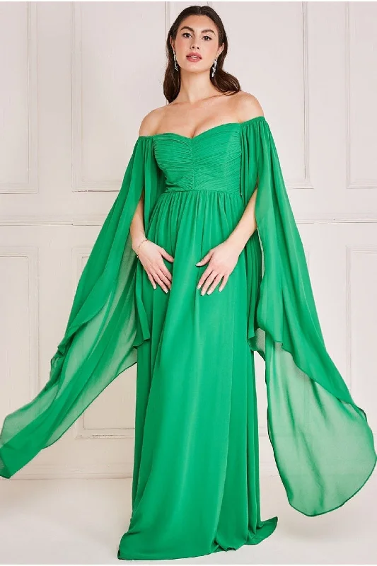 Bridesmaid dress with a halter neckline looks -Goddiva Chiffon Off The Shoulder Maxi With Cape Sleeves - Green Bridesmaid dress with a halter neckline looks -Goddiva Chiffon Off The Shoulder Maxi With Cape Sleeves - Green
