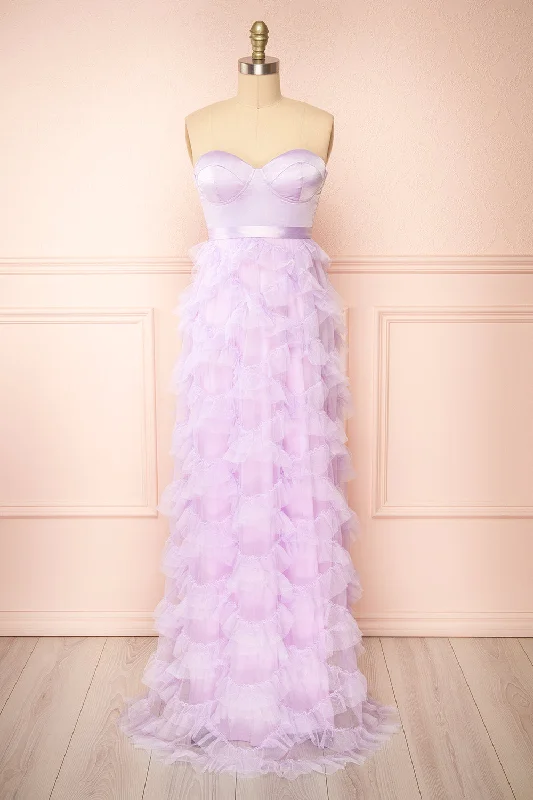 Bridesmaid dress geometric patterns modern -Jurin Lavender | Bustier Maxi Dress w/ Ruffled Tulle Bridesmaid dress geometric patterns modern -Jurin Lavender | Bustier Maxi Dress w/ Ruffled Tulle