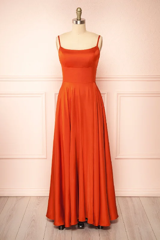 Bridesmaid dress with a square neckline designs -Darcy Rust | Maxi Satin Dress w/ Slit Bridesmaid dress with a square neckline designs -Darcy Rust | Maxi Satin Dress w/ Slit
