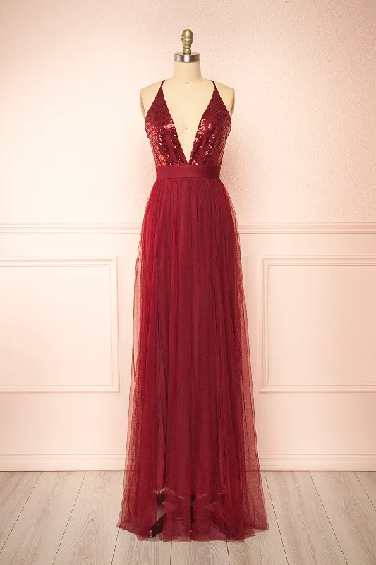 Dress for bridesmaid bodycon styles wear -Kaia Burgundy | Sequin Gown