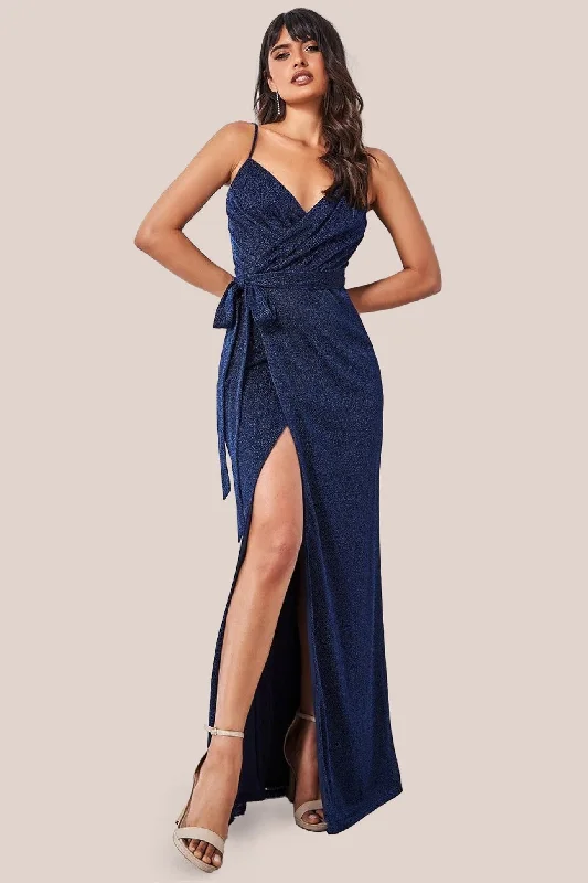 Bridesmaid dress rooftop party look style -Wrap Style Spaghetti Strap Maxi With Split - Navy by Goddiva Bridesmaid dress rooftop party look style -Wrap Style Spaghetti Strap Maxi With Split - Navy by Goddiva