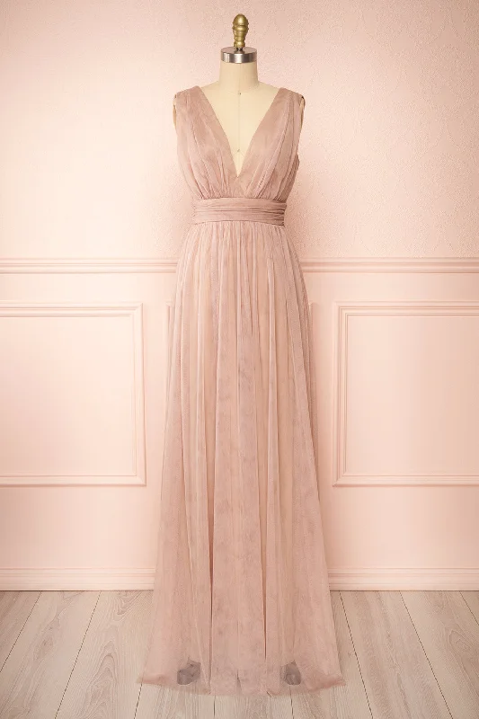 sleeveless bridesmaid dresses for hot days-Samina Taupe | Tulle Maxi Dress w/ Plunging Neckline sleeveless bridesmaid dresses for hot days-Samina Taupe | Tulle Maxi Dress w/ Plunging Neckline