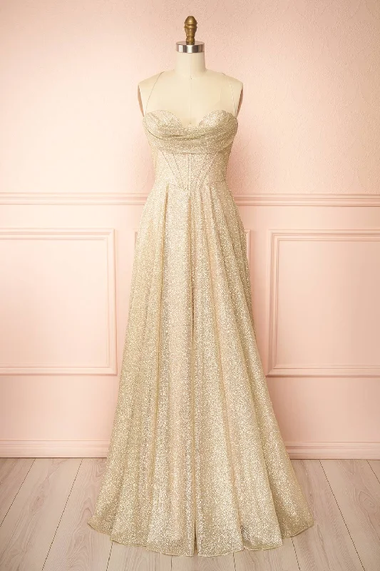 Bridesmaid dress that is versatile looks -Lexy Champagne | Sparkly Cowl Neck Maxi Dress Bridesmaid dress that is versatile looks -Lexy Champagne | Sparkly Cowl Neck Maxi Dress