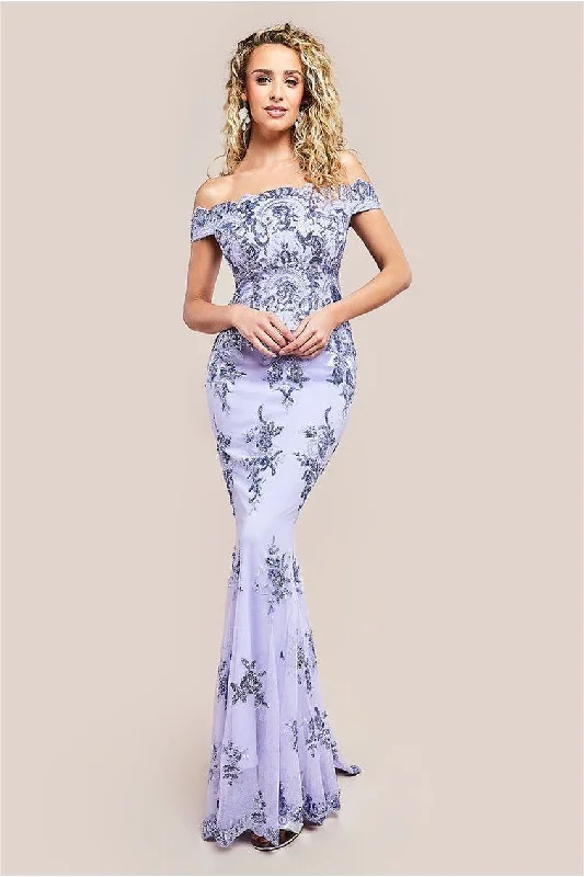 Bridesmaid dress in emerald green colors -Goddiva Bardot Sequin Embroidered Maxi Dress - Lilac Bridesmaid dress in emerald green colors -Goddiva Bardot Sequin Embroidered Maxi Dress - Lilac