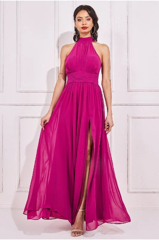elegant white bridesmaid dresses for sophistication-Goddiva Halterneck Chiffon Maxi With Thigh Split - Magenta elegant white bridesmaid dresses for sophistication-Goddiva Halterneck Chiffon Maxi With Thigh Split - Magenta