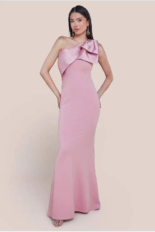 Bridesmaid dress abstract design art style -Goddiva One Shoulder Satin Bow Scuba Crepe Maxi Dress - Blush Bridesmaid dress abstract design art style -Goddiva One Shoulder Satin Bow Scuba Crepe Maxi Dress - Blush