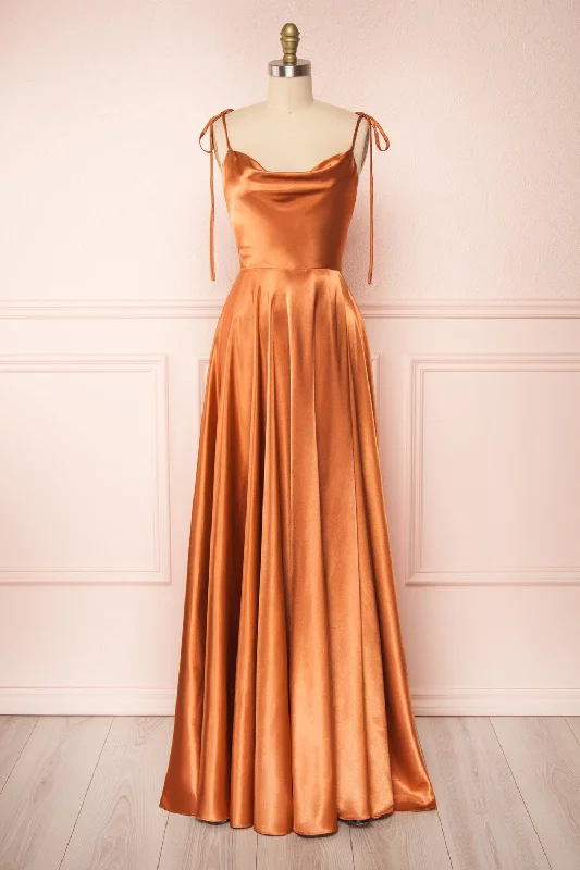 Bridesmaid dress with dark tights pairing -Moira Rust | Cowl Neck Satin Maxi Dress w/ High Slit Bridesmaid dress with dark tights pairing -Moira Rust | Cowl Neck Satin Maxi Dress w/ High Slit
