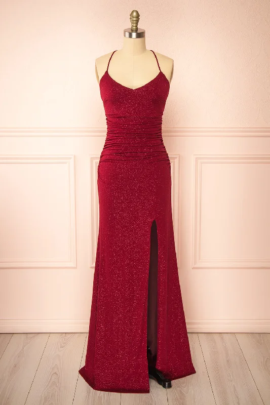 Dress for bridesmaid daytime events themes -Samira Burgundy | Sparkly Mermaid Maxi Dress w/ Slit Dress for bridesmaid daytime events themes -Samira Burgundy | Sparkly Mermaid Maxi Dress w/ Slit