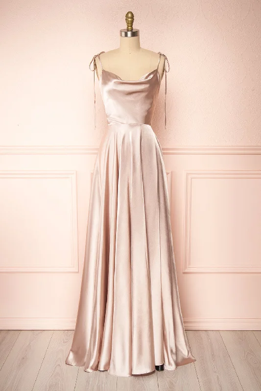 Bridesmaid dress that attention-grabbing looks -Moira Sand | Cowl Neck Satin Maxi Dress w/ High Slit Bridesmaid dress that attention-grabbing looks -Moira Sand | Cowl Neck Satin Maxi Dress w/ High Slit