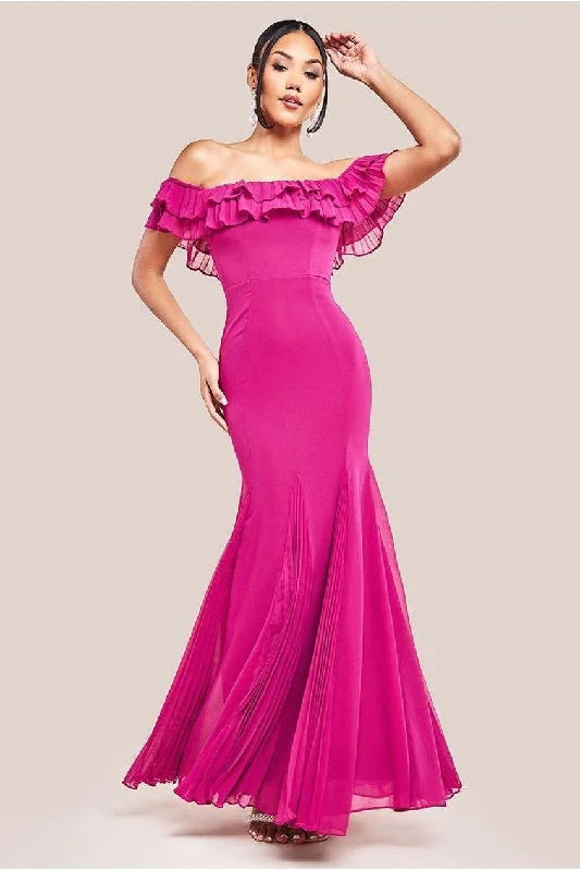 Bridesmaid dress: accessories complete look -Goddiva Frilled Off The Shoulder Pleated Chiffon Maxi Dress - Magenta