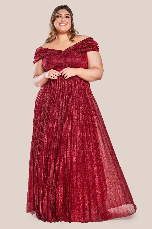 modern bridesmaid dresses for 2023 trends-Goddiva Plus Bardot Pleated Skirt Maxi Dress - Red modern bridesmaid dresses for 2023 trends-Goddiva Plus Bardot Pleated Skirt Maxi Dress - Red
