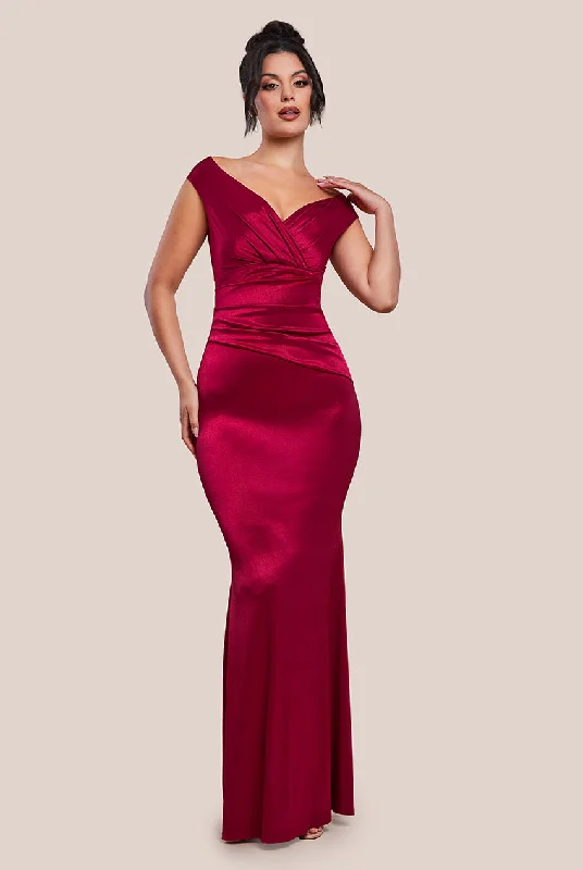 long sleeve bridesmaid dresses for winter-Goddiva Satin Off The Shoulder Maxi Dress - Wine long sleeve bridesmaid dresses for winter-Goddiva Satin Off The Shoulder Maxi Dress - Wine