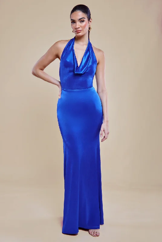 Dress for bridesmaid theme ideas for events -Halter Cowl Neck Back Maxi Dress - Royal Blue by Goddiva Dress for bridesmaid theme ideas for events -Halter Cowl Neck Back Maxi Dress - Royal Blue by Goddiva