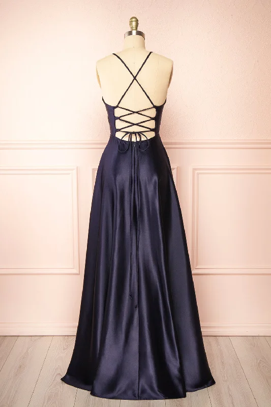colorful bridesmaid dresses for fun vibe-Julia Navy | Satin Maxi Dress w/ High Slit colorful bridesmaid dresses for fun vibe-Julia Navy | Satin Maxi Dress w/ High Slit