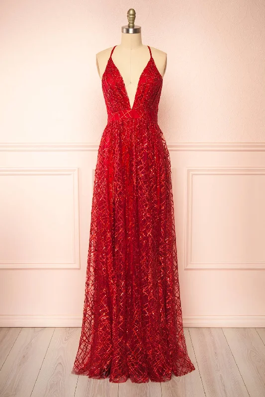 Dress for a winter wedding bridesmaid wear -Tyffen Burgundy | Sequin Maxi Dress