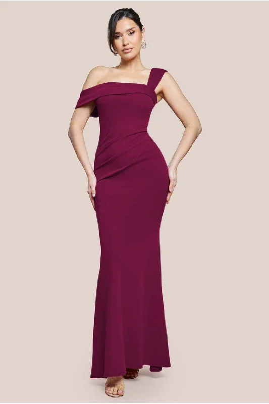 mermaid style bridesmaid dresses for bold look-Off The Shoulder Pleated Waist Maxi Dress - Berry by Goddiva mermaid style bridesmaid dresses for bold look-Off The Shoulder Pleated Waist Maxi Dress - Berry by Goddiva
