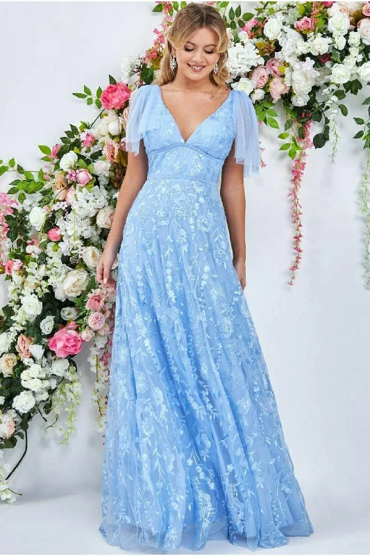 luxury bridesmaid dresses with rhinestones-Goddiva Embroidered Lace Maxi Flutter Sleeves - Powder Blue luxury bridesmaid dresses with rhinestones-Goddiva Embroidered Lace Maxi Flutter Sleeves - Powder Blue