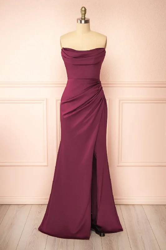 Bridesmaid dress creates waistline effect -Ailsa Burgundy | Strapless Gown w/ High Slit Bridesmaid dress creates waistline effect -Ailsa Burgundy | Strapless Gown w/ High Slit