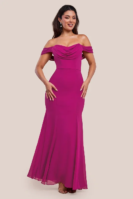 Bridesmaid dress with elegant scarf styling -Chiffon Bardot Cowl Neck Maxi Dress - Magenta by Goddiva Bridesmaid dress with elegant scarf styling -Chiffon Bardot Cowl Neck Maxi Dress - Magenta by Goddiva