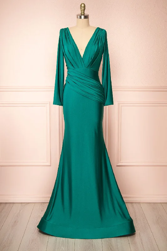 Bridesmaid dress in floral print patterns -Lenai Green | Draped Mermaid Gown w/ Long Sleeves Bridesmaid dress in floral print patterns -Lenai Green | Draped Mermaid Gown w/ Long Sleeves