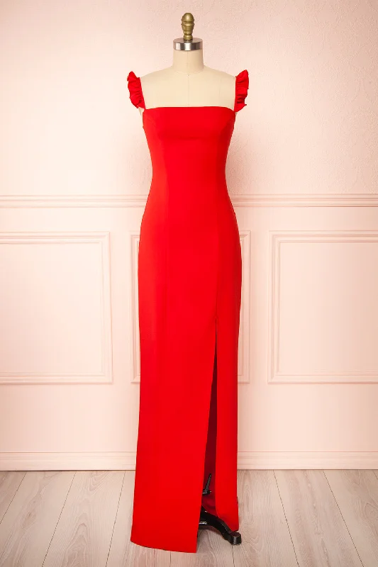 Dress for bridesmaid joyous occasion themes -Mia Red | Maxi Dress w/ Ruffled Straps