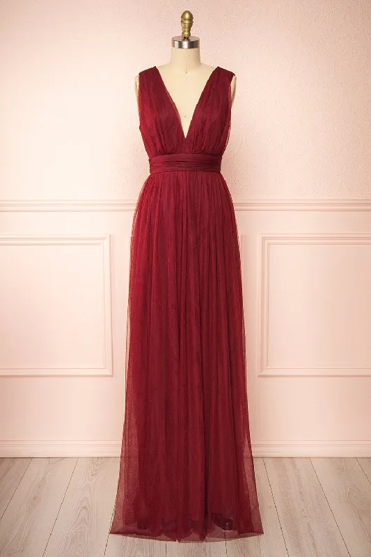 Dress for bridesmaid memorable festivity themes -Samina Burgundy | Tulle Maxi Dress w/ Plunging Neckline Dress for bridesmaid memorable festivity themes -Samina Burgundy | Tulle Maxi Dress w/ Plunging Neckline