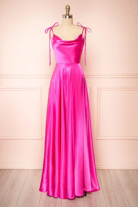 Bridesmaid dress with sneakers comfort look -Moira Fuchsia | Cowl Neck Satin Maxi Dress w/ High Slit Bridesmaid dress with sneakers comfort look -Moira Fuchsia | Cowl Neck Satin Maxi Dress w/ High Slit