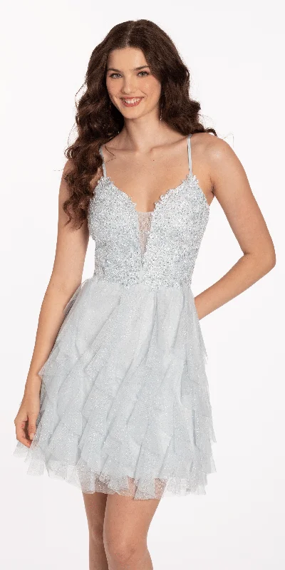 Graduation dress birthday party now fun--Plunging Glitter Cascade Fit and Flare Dress with Lace Bodice Graduation dress birthday party now fun--Plunging Glitter Cascade Fit and Flare Dress with Lace Bodice
