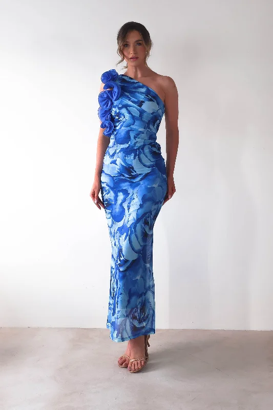 Graduation dress themed party style now--Genie Ruffle Printed Maxi Dress | Blue