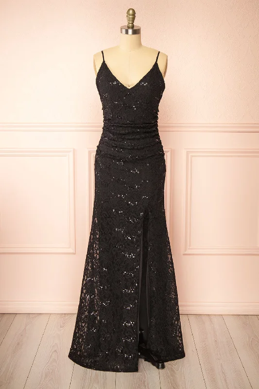 Bridesmaid dress with sweetheart neckline design -Samy Black | Sparkly Lace Mermaid Dress w/ Slit Bridesmaid dress with sweetheart neckline design -Samy Black | Sparkly Lace Mermaid Dress w/ Slit