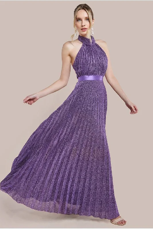 Bridesmaid dress neon colors bold style -Goddiva Lurex Halterneck Pleated Maxi Dress - Purple Bridesmaid dress neon colors bold style -Goddiva Lurex Halterneck Pleated Maxi Dress - Purple