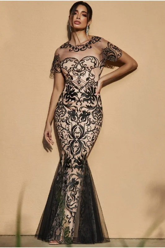 Bridesmaid dress that is easy to dance in -Mesh & Lace Maxi With Scalloped Hem - Black by Goddiva Bridesmaid dress that is easy to dance in -Mesh & Lace Maxi With Scalloped Hem - Black by Goddiva