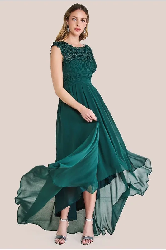 Bridesmaid dress that is stunning styles -Crochet & Pleated Top High Low Maxi - Emerald by Goddiva Bridesmaid dress that is stunning styles -Crochet & Pleated Top High Low Maxi - Emerald by Goddiva