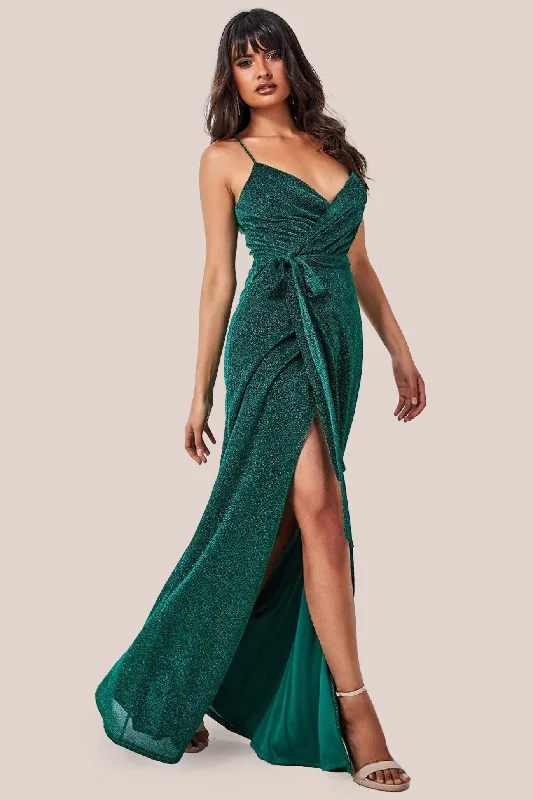 Dress for bridesmaid radiant style online -Goddiva Wrap Style Spaghetti Strap Maxi With Split - Emerald Dress for bridesmaid radiant style online -Goddiva Wrap Style Spaghetti Strap Maxi With Split - Emerald