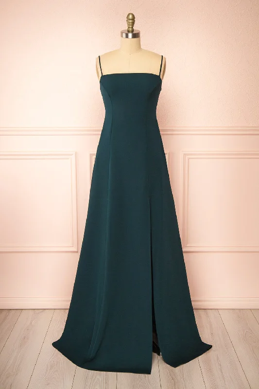 Bridesmaid dress in velvet fabric styles -Estella Green | Maxi A-line Dress w/ Slit Bridesmaid dress in velvet fabric styles -Estella Green | Maxi A-line Dress w/ Slit
