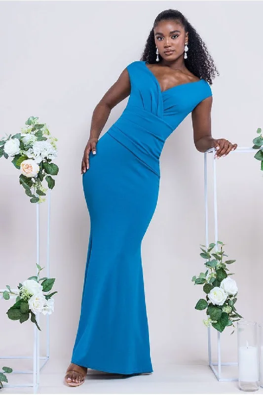 satin and lace bridesmaid dresses for elegance-Bardot Pleated Maxi Dress - Teal Blue by Goddiva satin and lace bridesmaid dresses for elegance-Bardot Pleated Maxi Dress - Teal Blue by Goddiva