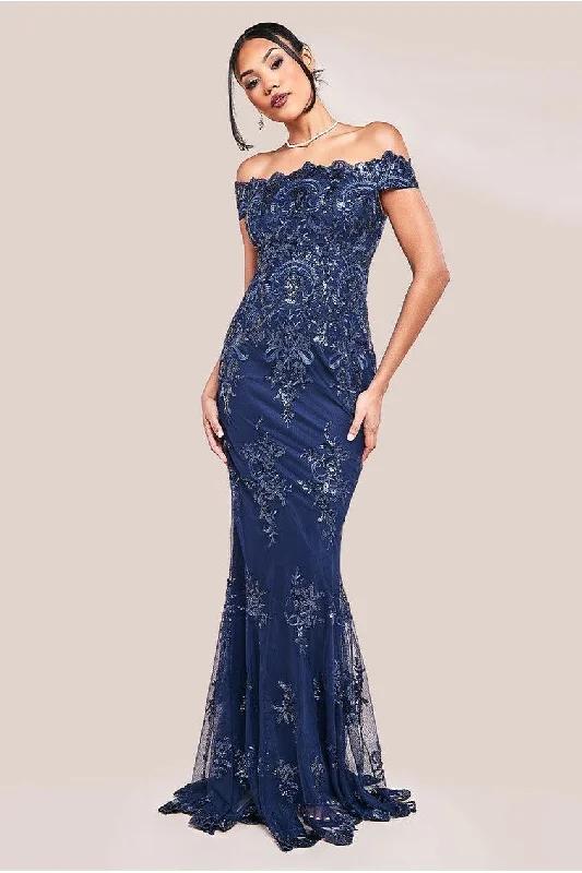 Bridesmaid dress jewel tones rich styles -Bardot Sequin Embroidered Maxi Dress - Navy by Goddiva