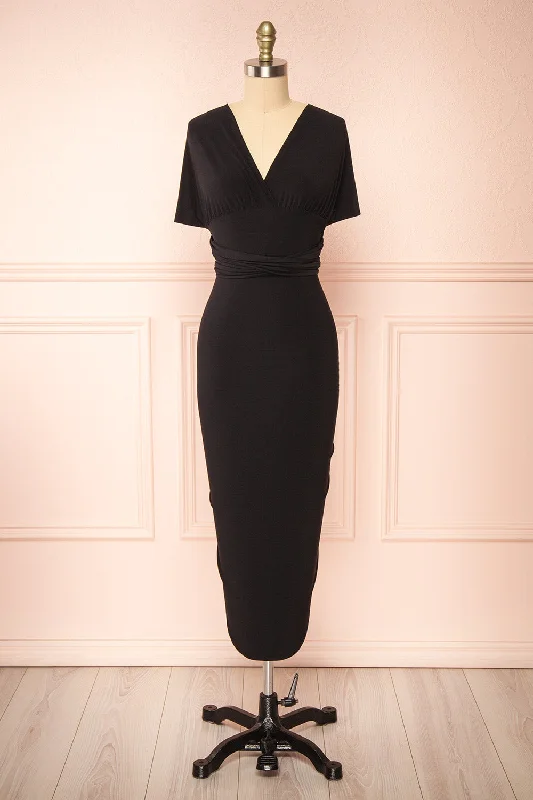 Dress in style for bridesmaids events -Aristella Black | Convertible Midi Dress