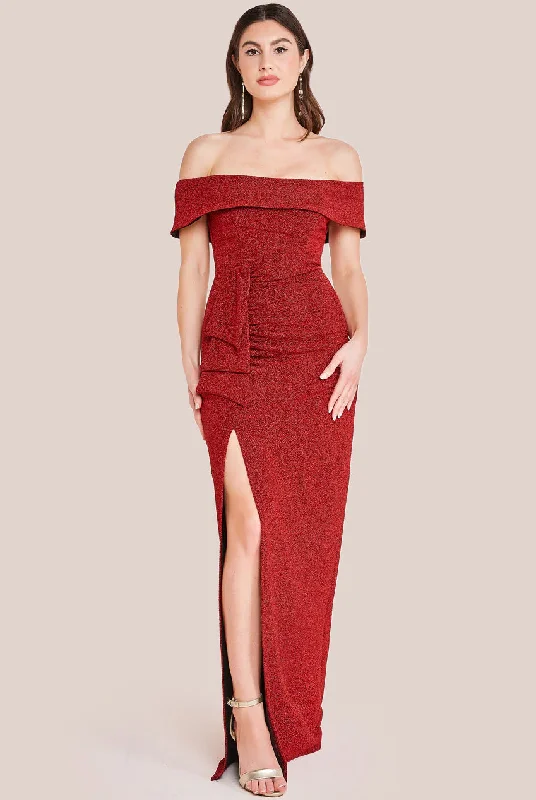 Bridesmaid dress that's truly unforgettable -Sparkle Bardot Maxi With Waterfall Ruffle - Red by Goddiva Bridesmaid dress that's truly unforgettable -Sparkle Bardot Maxi With Waterfall Ruffle - Red by Goddiva