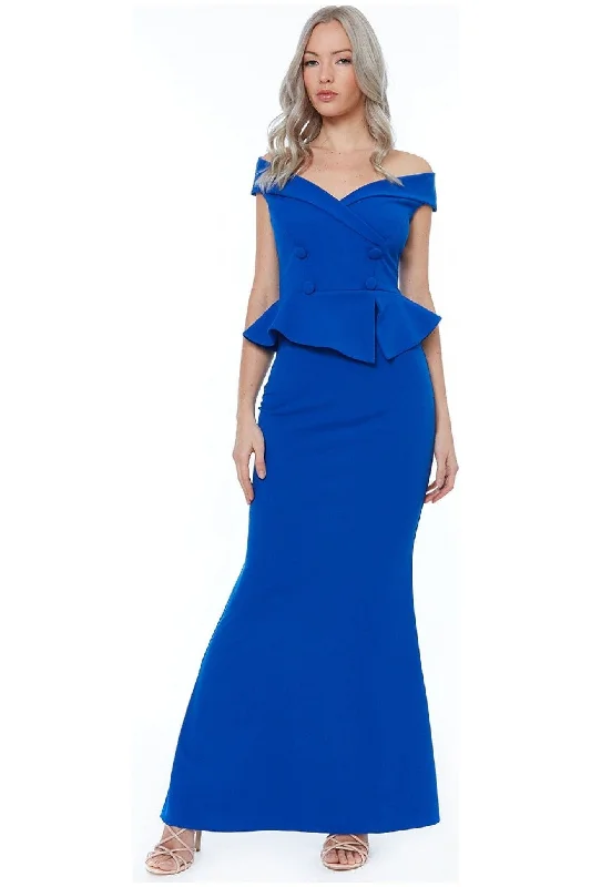 Bridesmaid dress masquerade ball themes -Goddiva Bardot Crossover Maxi Dress - Vividblue