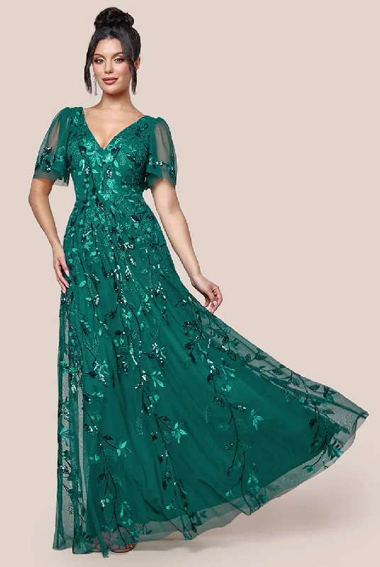 Bridesmaid dress accentuates curves nicely -Goddiva Flared Sleeve Embroidered Maxi Dress - Emerald Green Bridesmaid dress accentuates curves nicely -Goddiva Flared Sleeve Embroidered Maxi Dress - Emerald Green